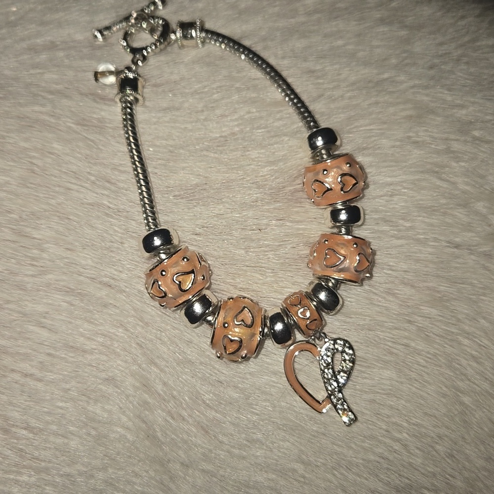 Napier-Heart Enamel Charm Coral/Silver Tone Toggle Bracelet 7.5"